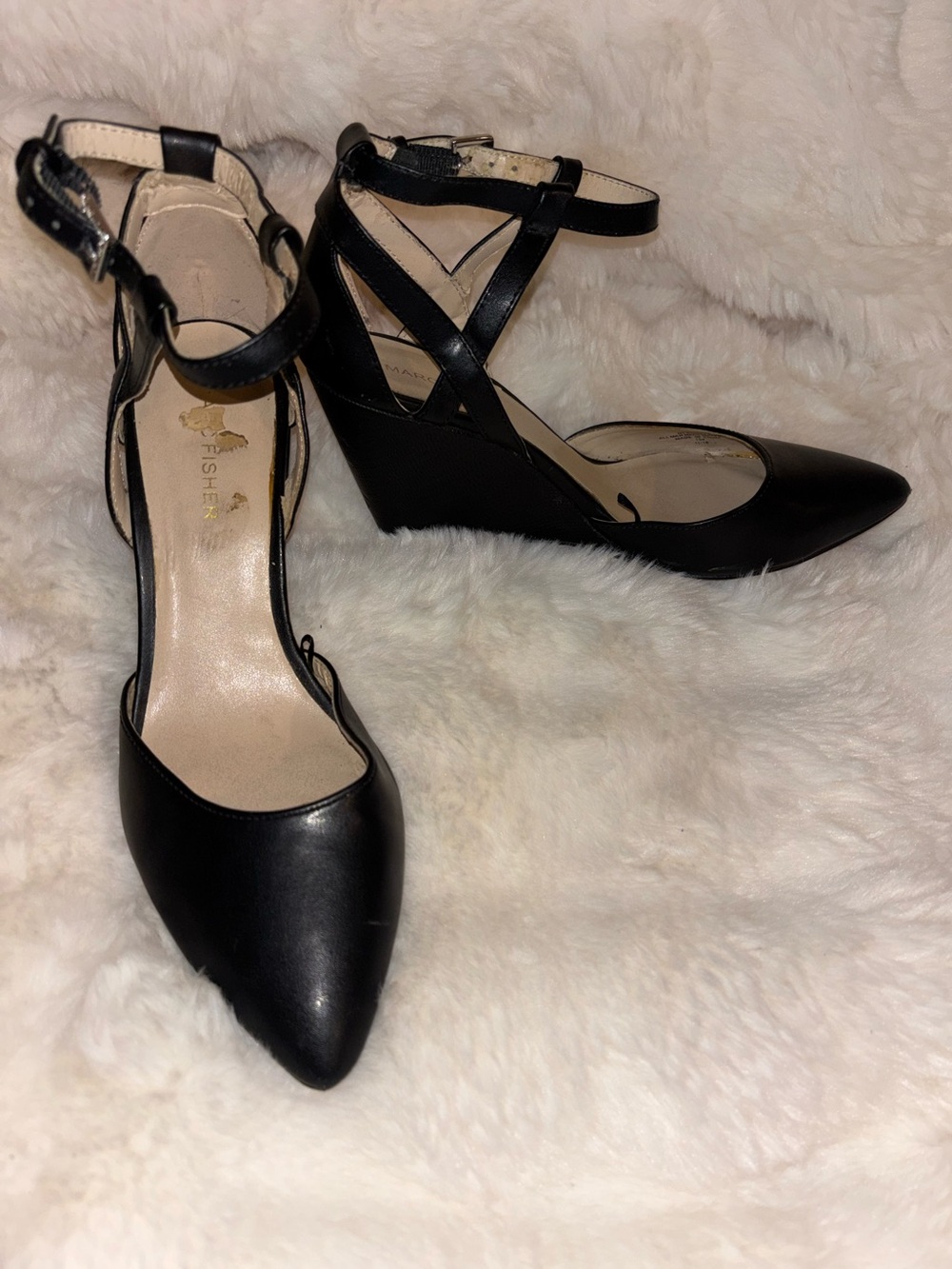 Marc Fisher Black Ankle-Strap Wedge Heels
